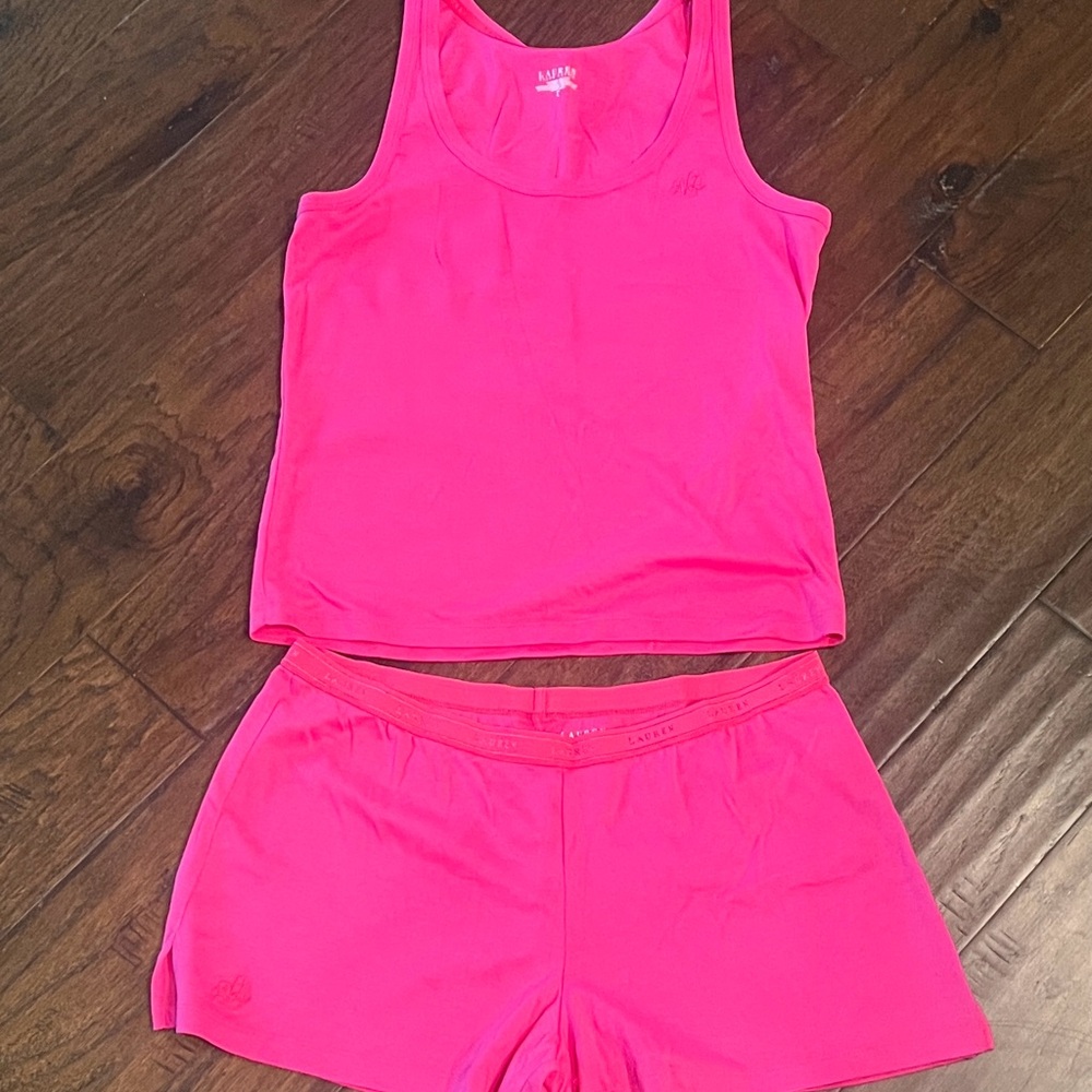 Ralph Lauren Embroidered Logo Vibrant Pink Tank & Shorts Set Large Like New
